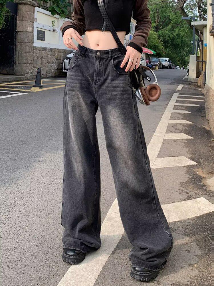 American Retro Velvet-Lined Wide-Leg High-Waist Women's Jeans for Autumn & Winter