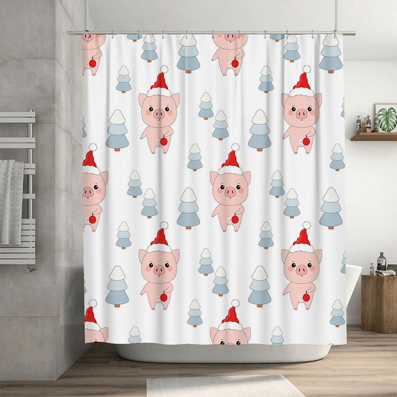 

Tu Cute Pig Christmas Shower Curtain Farmhouse Holiday Decor Bathroom Fabric Waterproof Backdrop Festive Holiday Gift W60H190(CM)-1 Pcs