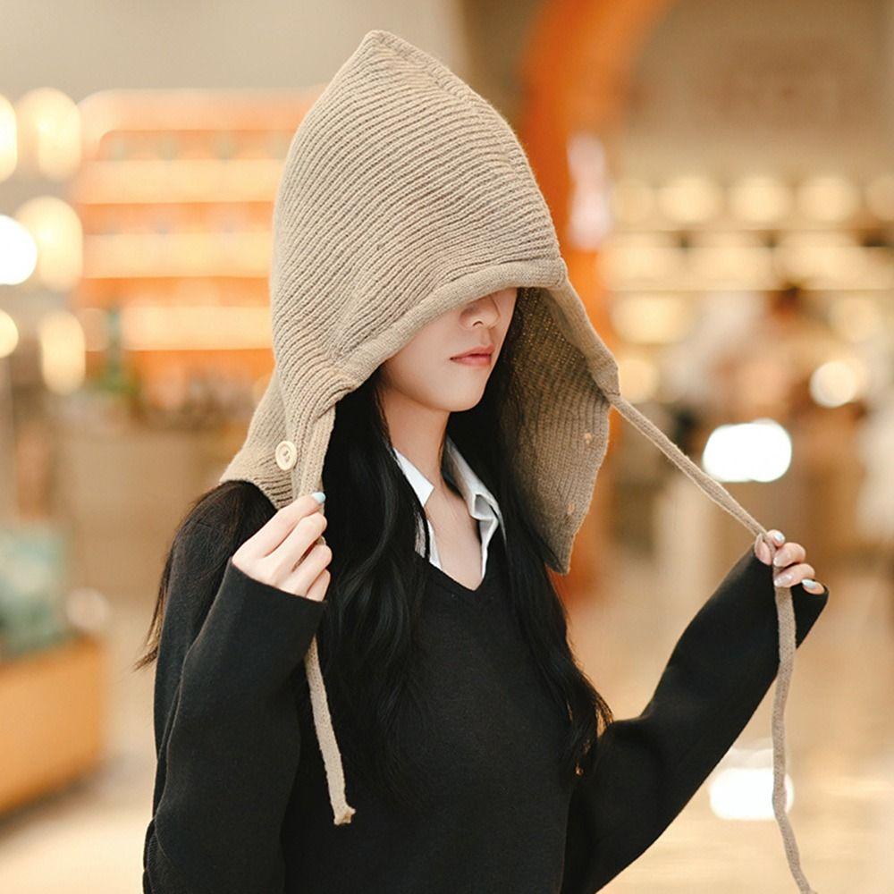 Casual Windproof Knitted Woolen Cap Thickened Keep Warm Beanies Cap Neck Warmer Ear Protection Shawl Hat for Women