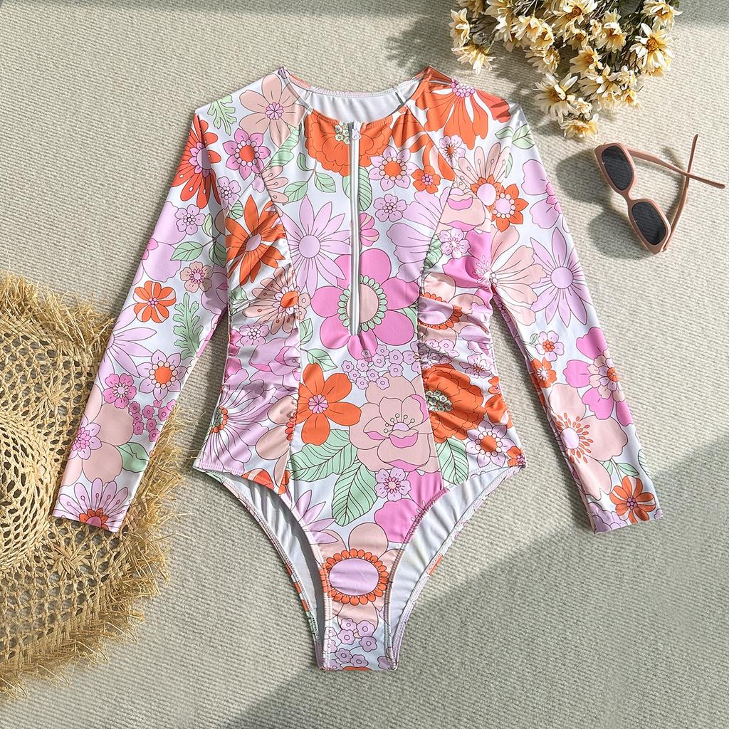 2026 European and American Floral New One-piece Zipper Long-sleeved Racing One-piece Swimsuit Swimsuit Bikini