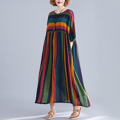 Summer Oversize Loose Maxi Long Cotton Linen Dresses Large Hem Striped Printed Short Sleeve Dress for Women