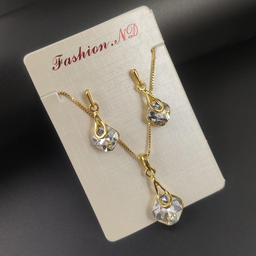 Korean Style Square Alloy Glass Necklace  Earring Jewelry Set