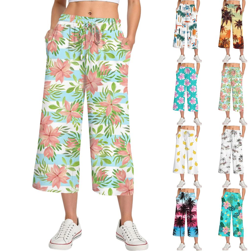 Damen Sommer Hohe Taille Bedruckte Freizeit-Sportbekleidung Lässige Cropped-Hose Weite Hose