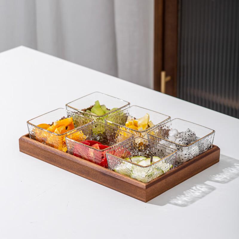 Gold Rim Hammered Glass Serving Set with Wood Tray