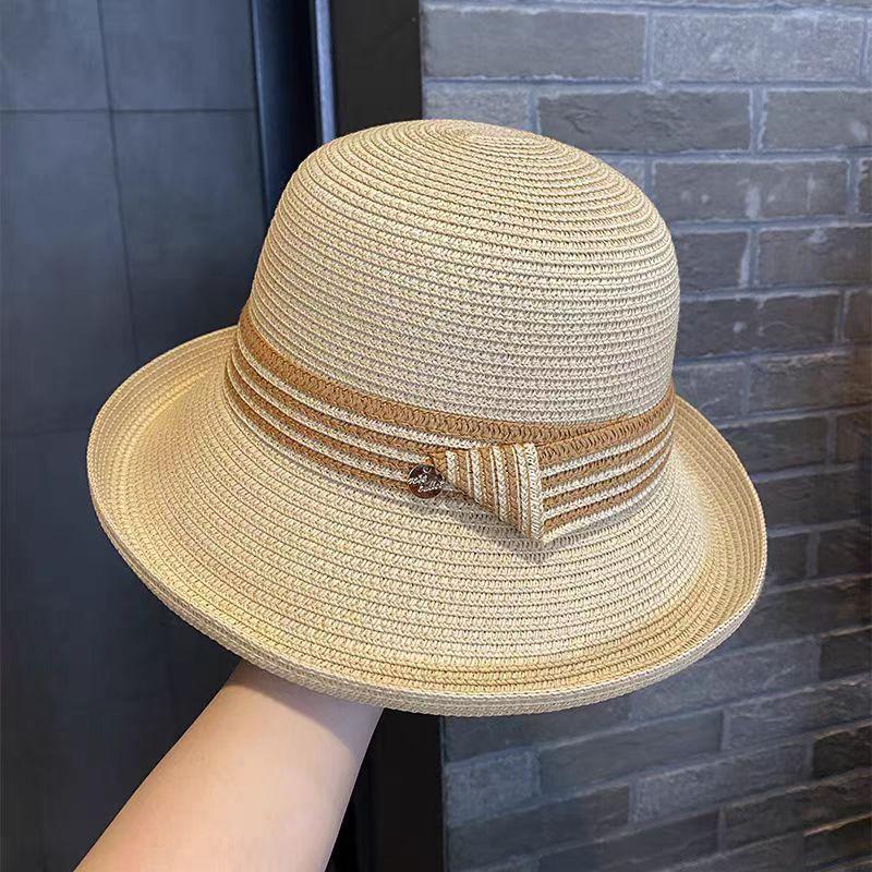 Gekräuselter Fischerhut Damen Britischer Stil Retro Eleganter Strohhut Frühling und Sommer Sonnenschutz Sonnenschutzhut Französische Zylinderhüte