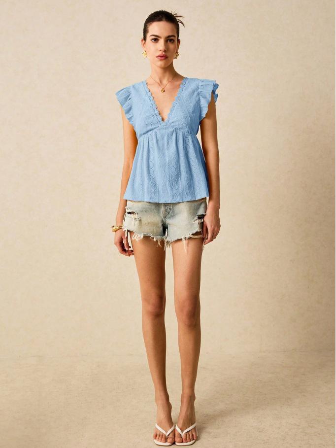 2025 European-American Women's Spring/Summer V-Neck Ruffle Lace Top