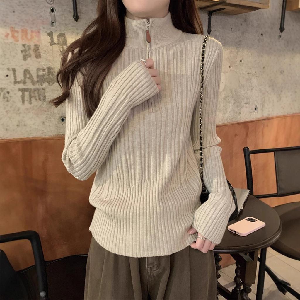 Spring Korean Elegant Zip Neck Ribbed Slim Versatile Knit Top Long Sleeve Base Layer Women Fashion