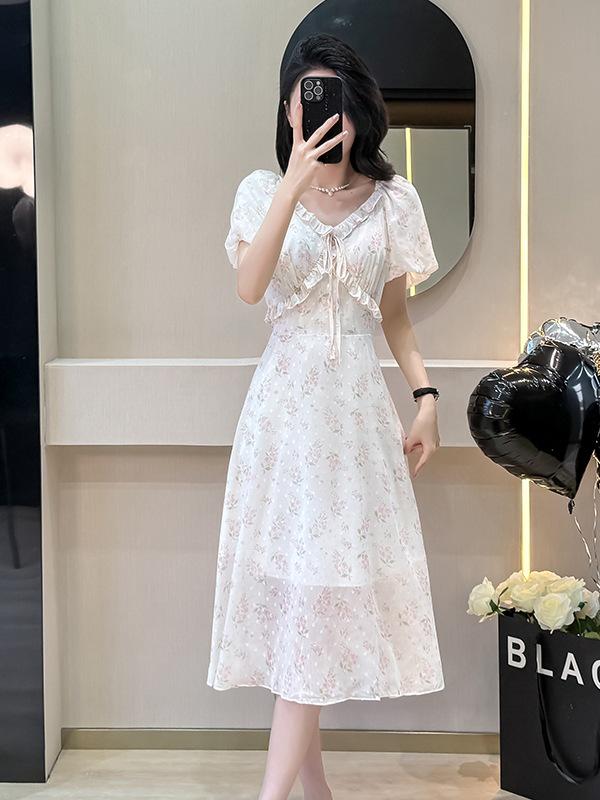 Summer Ruffle Collar Print Dress: Mid-Length Puff Sleeve, Off-the-Shoulder, Two-Way Wear