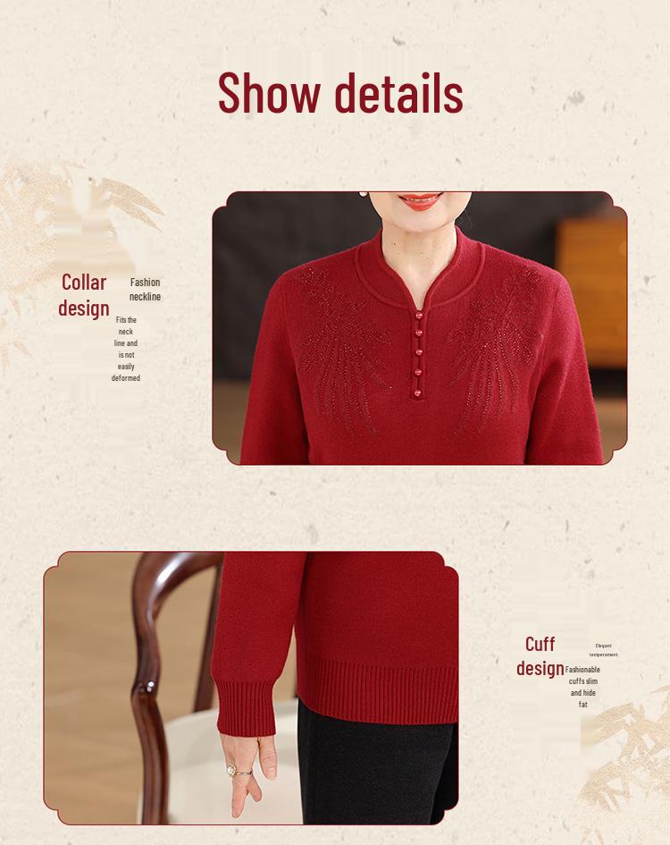 Cozy Winter Sweater for Elderly Women: Velvet-Lined, Half-High Collar, Stylish Base Layer for Autumn.