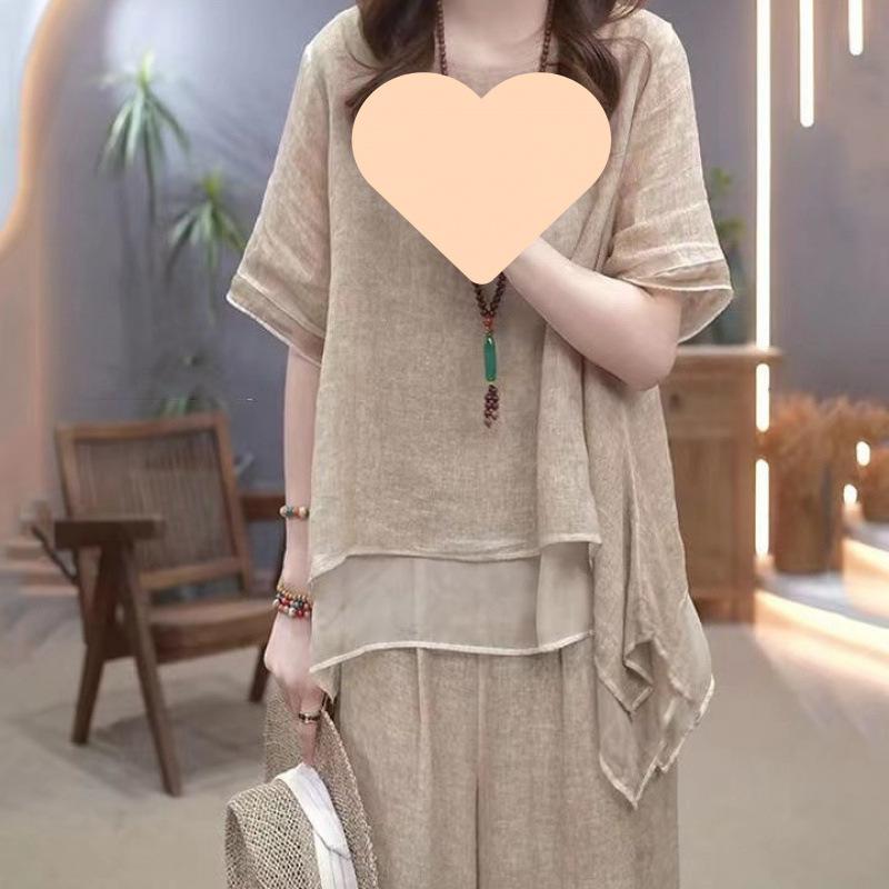Retro Bavlněný Lněný Set Dámský Letní Volný Zeštíhlující Zakrývající Břicho Dvoudílný Set Elegantní Styl Neformální Módní Trend