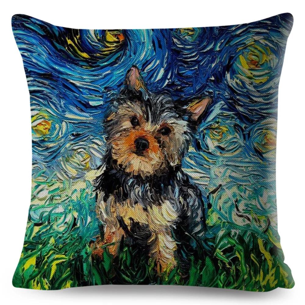 Both Sided Starry Sky Dog Cushion Cover Decor Oil Painting Cartoon Pet Animal Pillow Case for Sofa Home  Linen Pillowcase