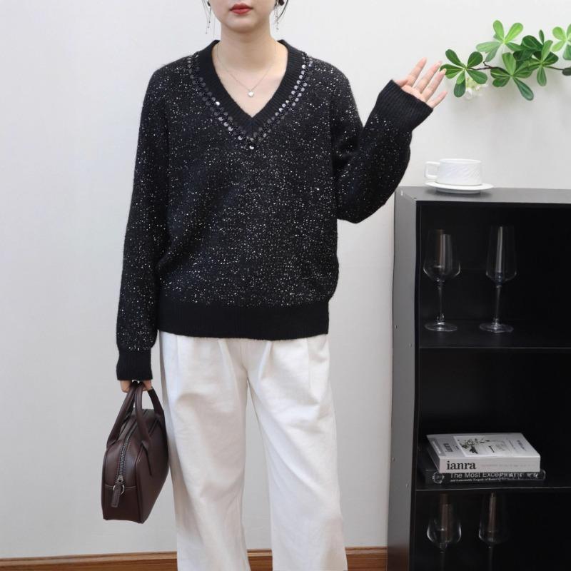 Long-sleeved Sequined High-end Knitted Sweater Top Autumn and Winter New Loose Design Sweater Pullover Woman