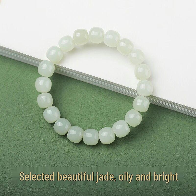 Pulseira de Contas Redondas de Jade Hetian Autêntico - Pedra de Jade Água do Lago Qingbai Genuína para Homens e Mulheres