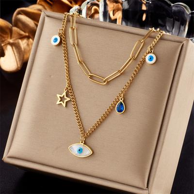 Evil Eye Layered Necklace For Women Gold Plated Stainless Steel Star & Blue Crystal Charm Jewelry
