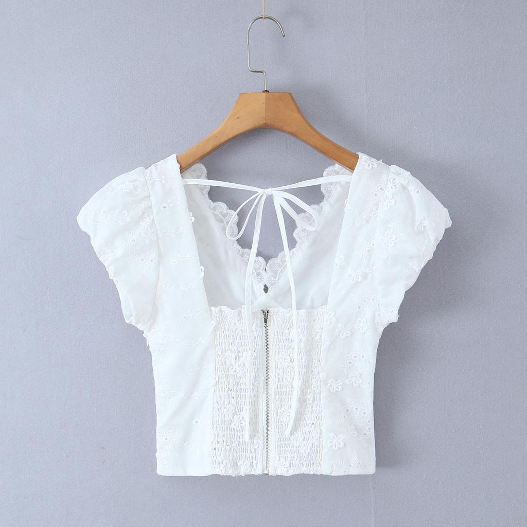 Women's French Lace V-Neck Short-Sleeve Shirt: Sweet, Slim-Fit Summer Top