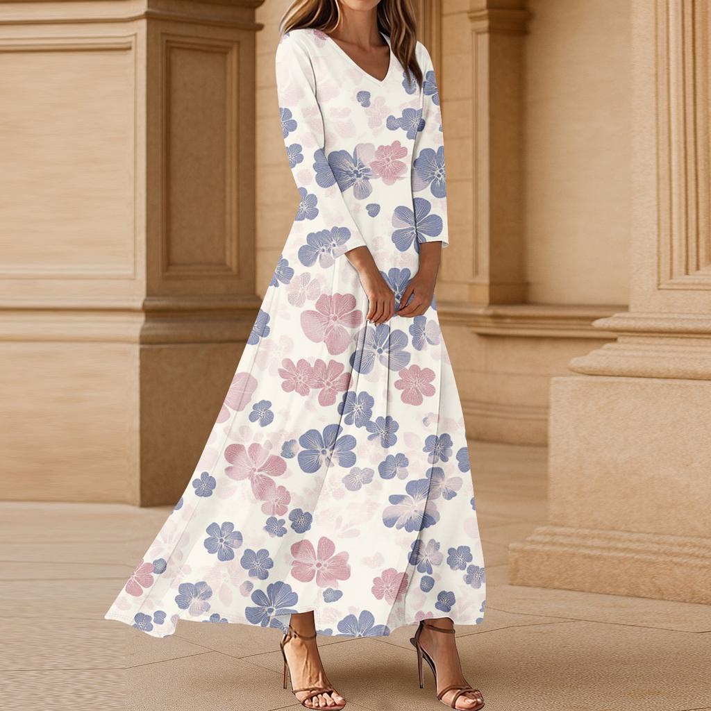 Women's Casual 3/4 Sleeve V-Neck Floral Print Maxi A-Line Beach Dress
