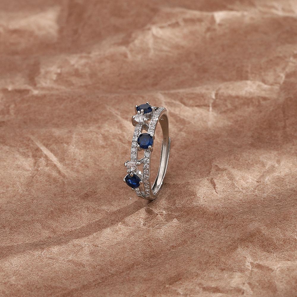 

Ring Adjustable Copper With Doublelayer Design Elegant Blue Zircon Stone Ring Fashion StyleA