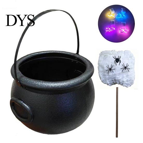Dark Style Photo Prop Light Up Witch Cauldron DIY Set, Halloween Glowing Black Plastic Bowl with Spiders, Lighted Magic Potion Pot Spooky Hocus Pocus