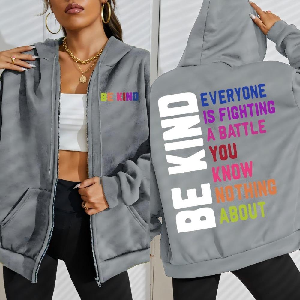 

Be Kind Colorful Art Letter Printing Zipper Hoodies Women Soft Hip Hop Hoodie Fleece Loose Clothes Street Woman Hoody S