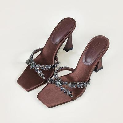 Fashion New Sexy Women's High Heel Sandals Summer Crossed Rhinestone Square Head Open-toed Super High-heeled Mules Slides 9cm