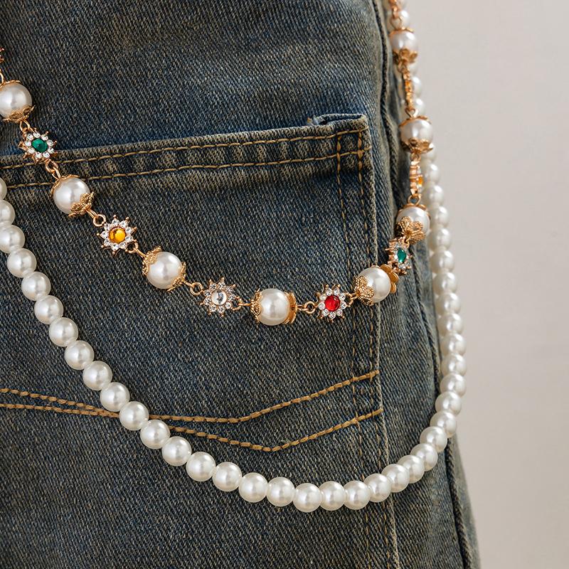 Exquisite Luxury Imitation Pearl Flower Pants Chain Hip Hop Waist Chain Versatile Jeans Chain  Clothing Accessories Gifts