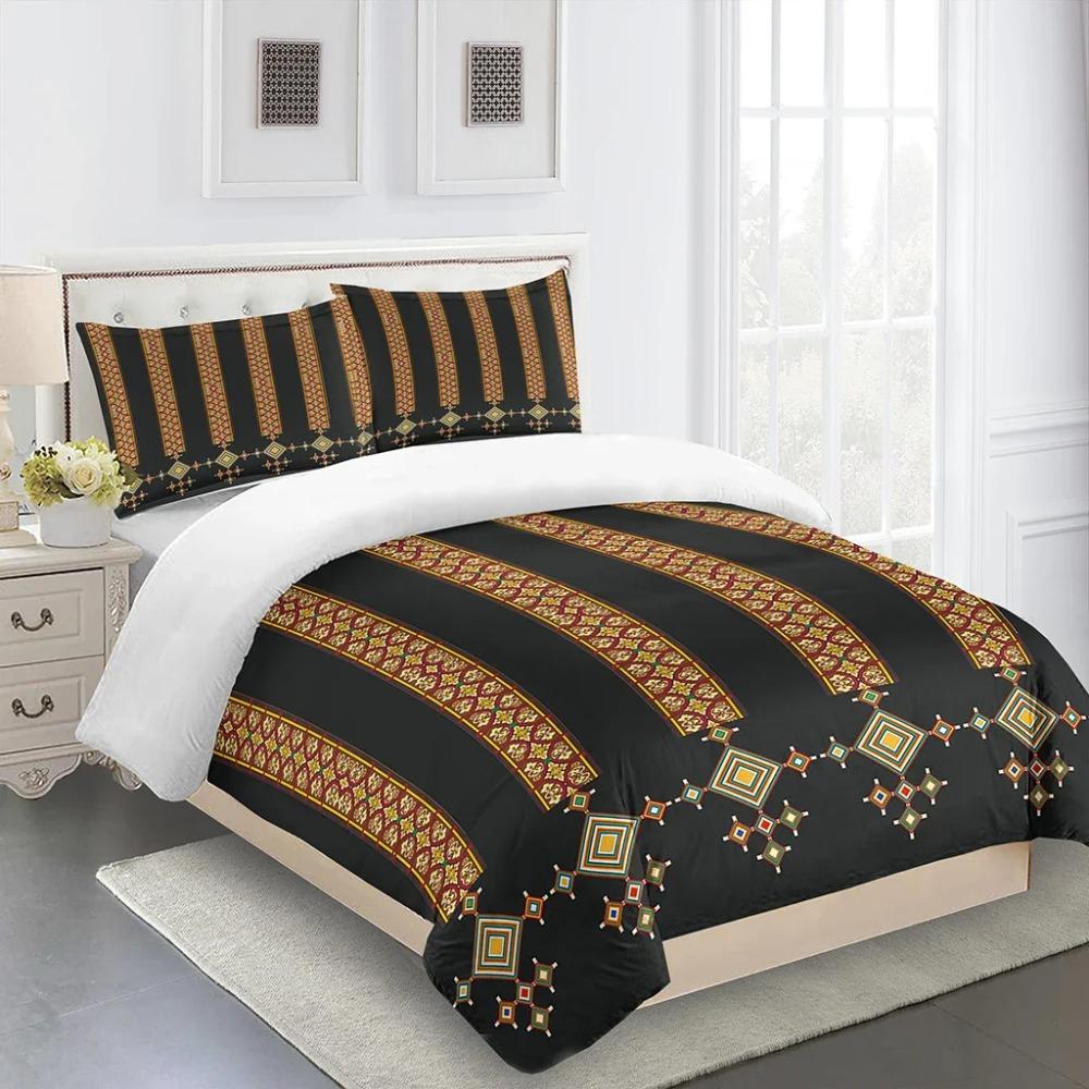 3D Deluxe Black Gold Striped Bedding Ethiopia Style Bed Three Sets Single Bed Double Bed Quilt Cover 2 Pillowcases