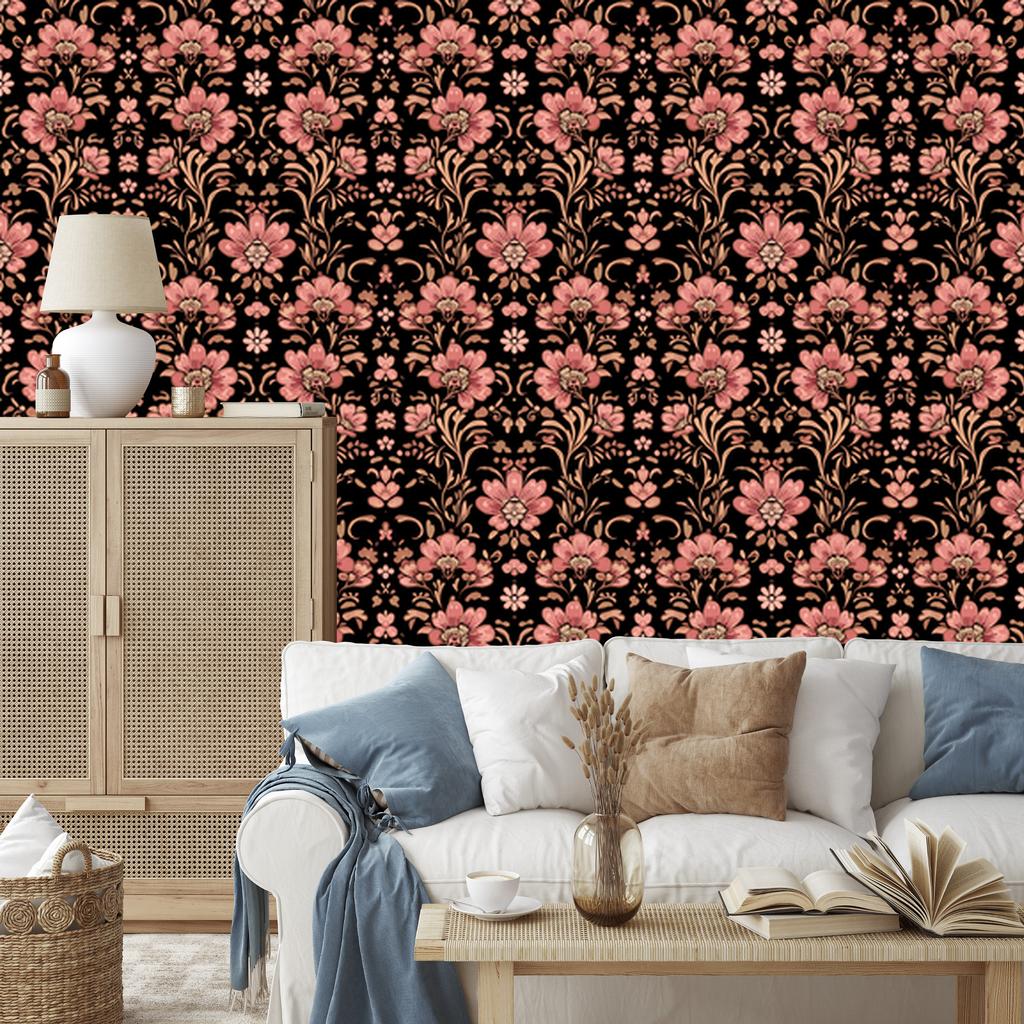 Beautiful Flowers Wallpaper In Rust, Black and Red for Living Room and Bedroom 50x1000