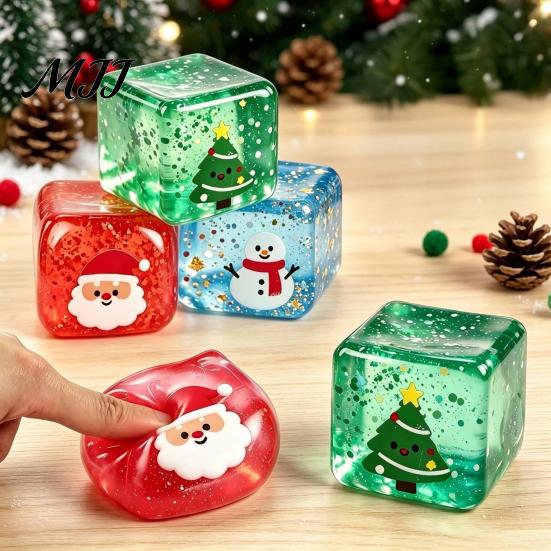 Stress Relief Cube Toy Christmas Clear Squeeze Toy, Santa Claus Tree Snowman Pattern Themed Cube, Slow Rising Sensory for Party Favors Travel Friendly