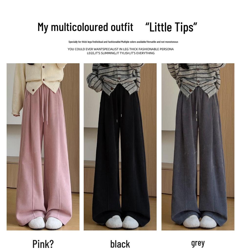 Women's High-Waisted Gray Corduroy Wide-Leg Pants - Autumn/Winter Plus Velvet Thickened Long-Leg Sports Sweatpants