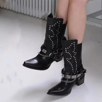 2025 Schwarze Damen V-Mund Punk Metall Western Cowboy Nieten Spitz Chelsea Pant Boots