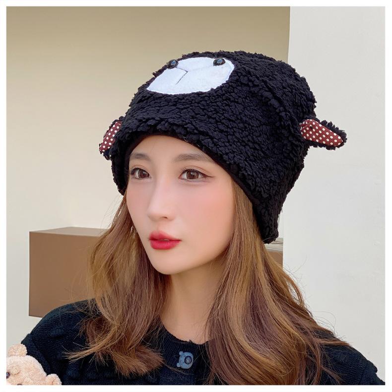

Шляпа из овечьей шерсти для женщин на осень и зиму, милая мультяшная теплая шапка для верховой езды с ушками, утолщенная хлопковая шапка, плюшевая шапка-пуловер для послеродового периода One size
