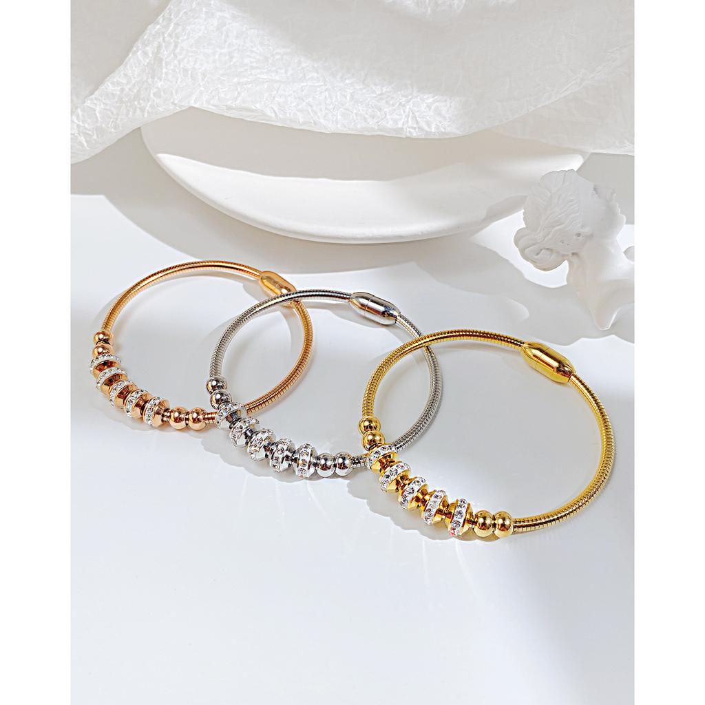 Pulseira de Contas Redondas de Aço Titânio Vento Moda Trendy Zircônia Fivela Magnética Pulseira de Aço Inoxidável