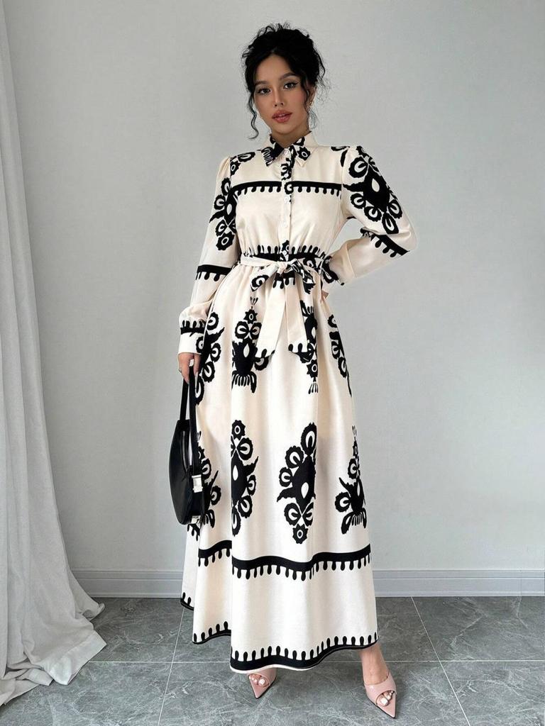 Live Shot 2025 European and American Fashion Long Sleeve Waist-Gathering Print Shirt Dress