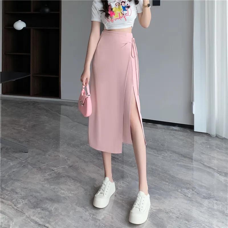 Womens High Waist Side Slit Midi Skirt