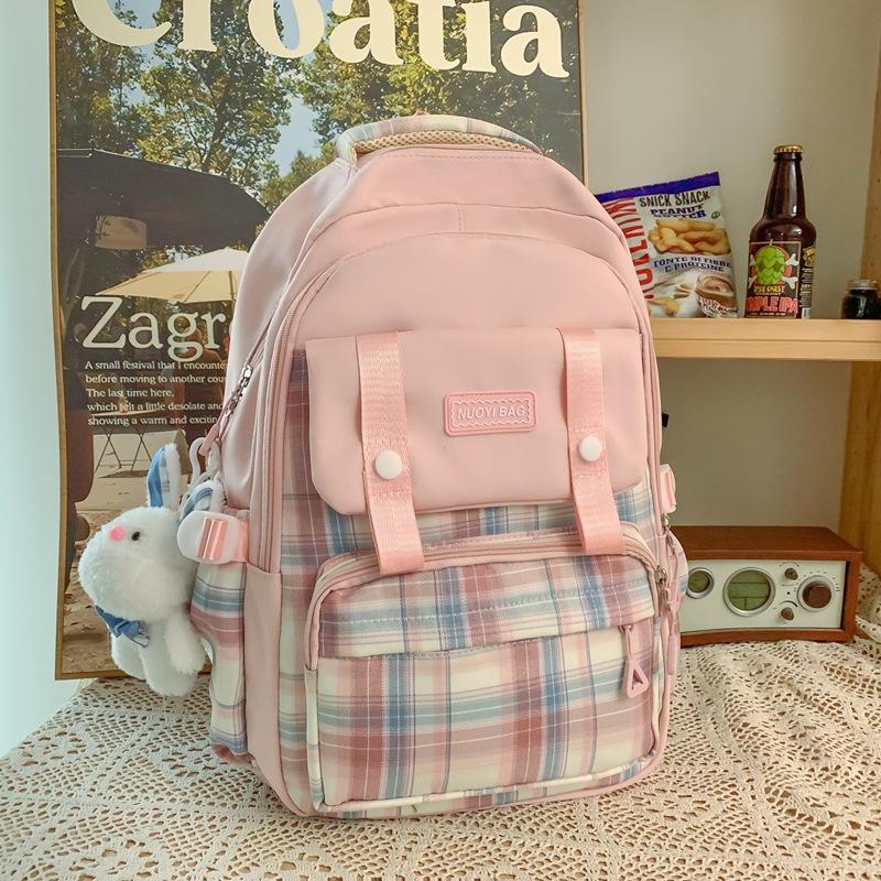 Schoolbag New College Style Women's Plaid Contrast Color Large Capacity Backpack Junior High School Students Elementary School Students Two-piece
