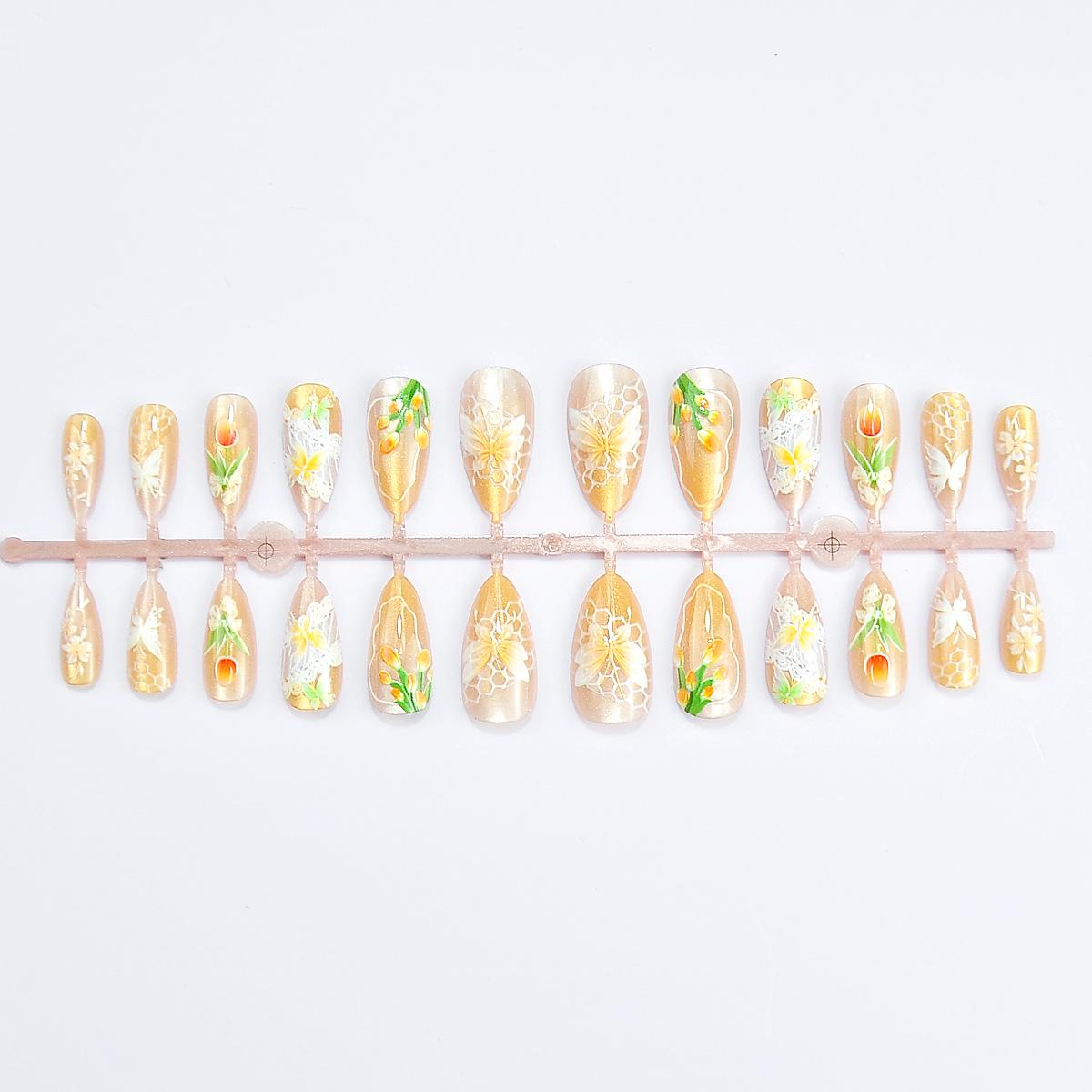 24-Piece Spring Cat Eye Nail Stickers: Cross Embossed Floral Art Design, High-End Wearable Tips