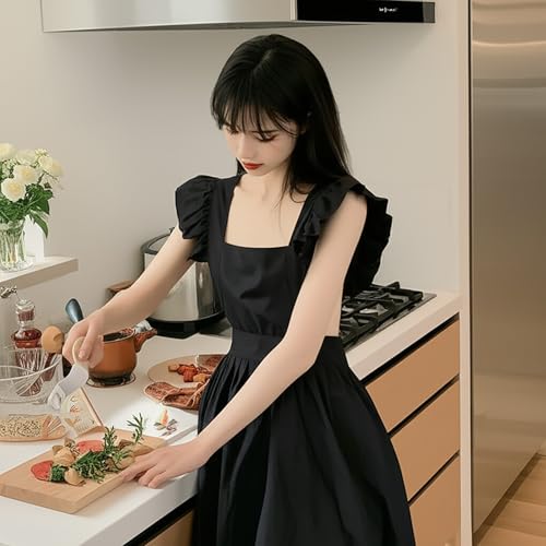 Gliitatu Stylish Women's Apron, Cute, Water-Repellent, Covers Your Bottom, Cafe Dress (Black)