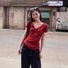 Dopamine Red V-Neck Straight-Shoulder Slim Women’s T-Shirt - Summer 2025: Sweet & Spicy Style