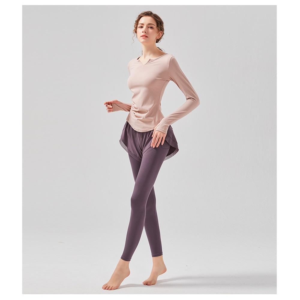 New Style Sports Suit, Casual Running Fitness Sports Tight Pants, Nude Quick-dry Fake Two-piece Long-sleeved Suit For Women