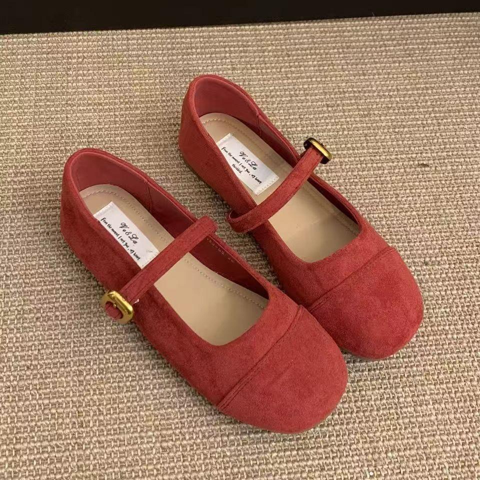 Fashion 2025 French Retro Suede Mary Jane Flats for Women Shallow Mouth Ballet Shoes Gentle Chic Red Single Shoes for Spring Autumn