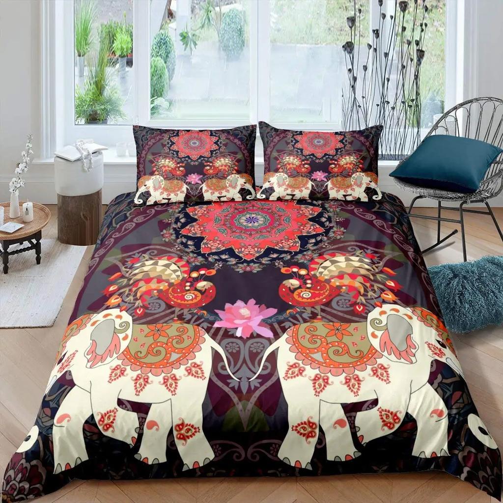 Elephant Soft Duvet Cover Set Ful,Boho Vintage High-End Premium Beding Set Exotic Mplusala Comfortable Quilt Cover Tribal Ethnic Warm Comforter Cover