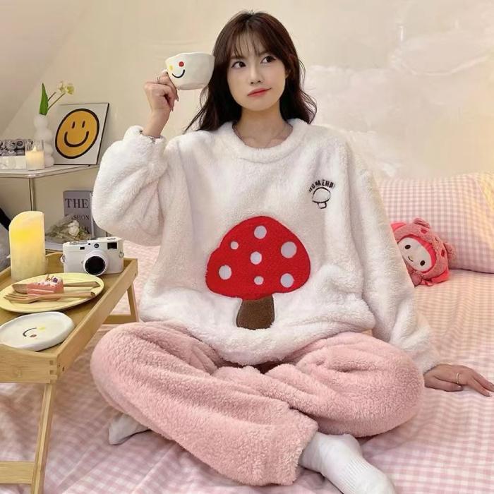 2024 Autumn Winter Flannel Warm Women's Pajamas Sets Long Sleeve Women Sleepwear Plaid Pants Two Piece Set Pyjamas Coral Velvet Pijama Homewear Girl