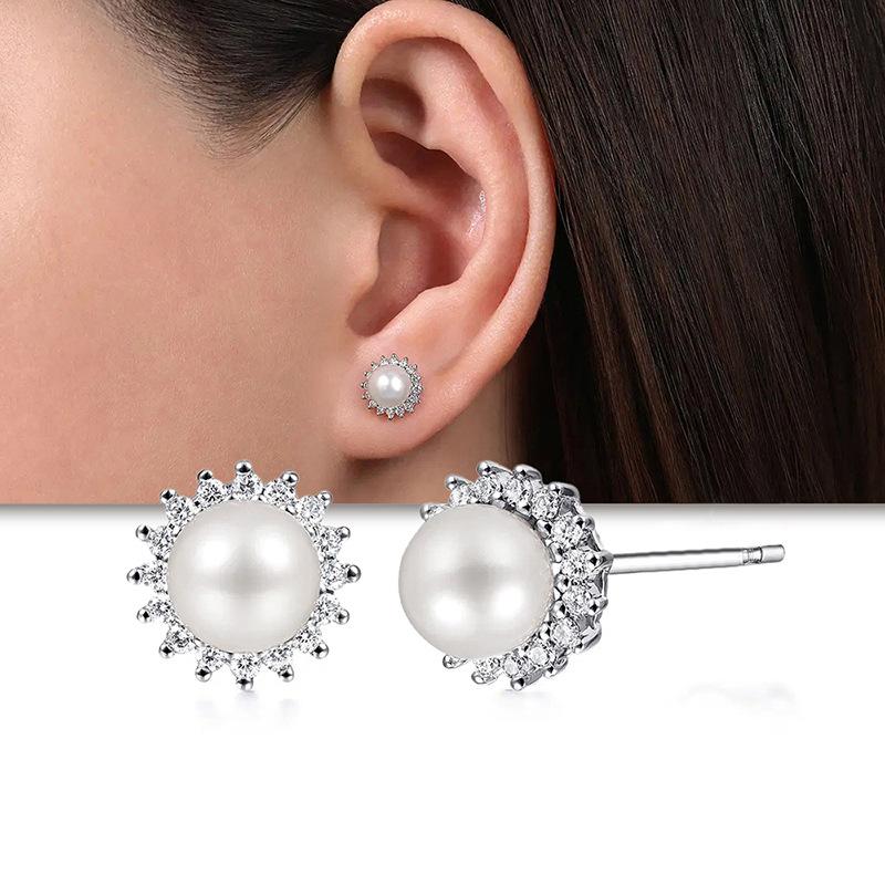 Pearl Stud Earrings with Sparkling Halo for Women Elegant Fashion Jewelry