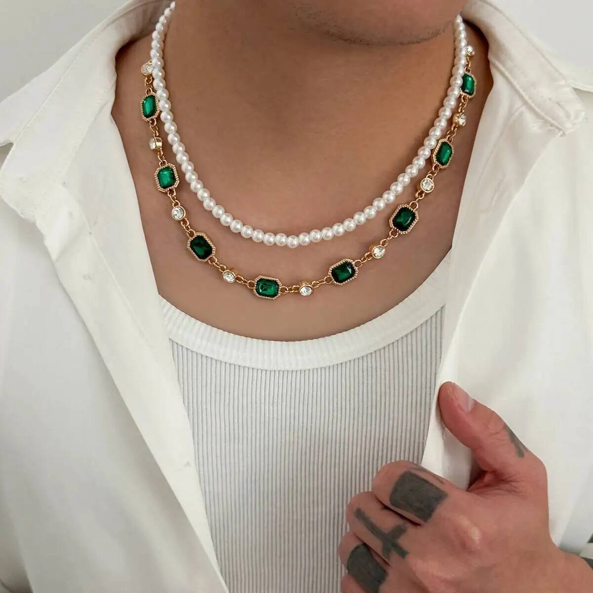 

Ingemark 2Pcs/Set Trendy Imitation Pearl Acrylic Rhinestone Choker Necklace Luxury Doublelayer Clavicle Chain Couple New Jewelry