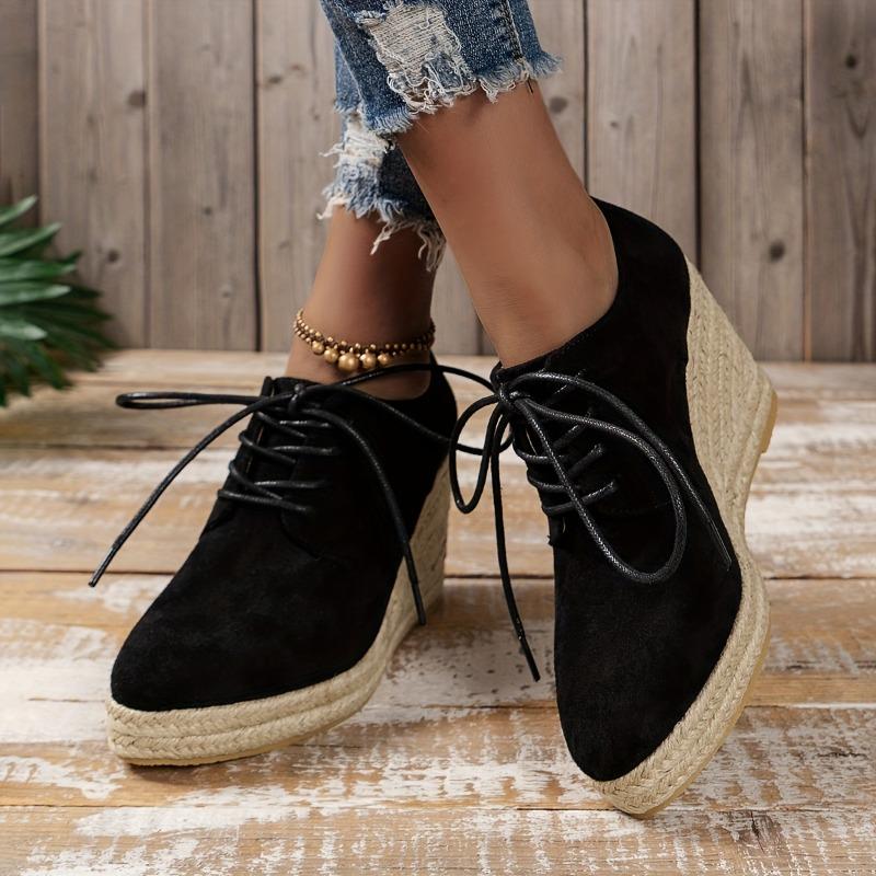 Women's Solid Color Stylish Shoes, Lace Up Low-top Platform Wedge Shoes, Espadrilles Round Toe Versatile Shoes