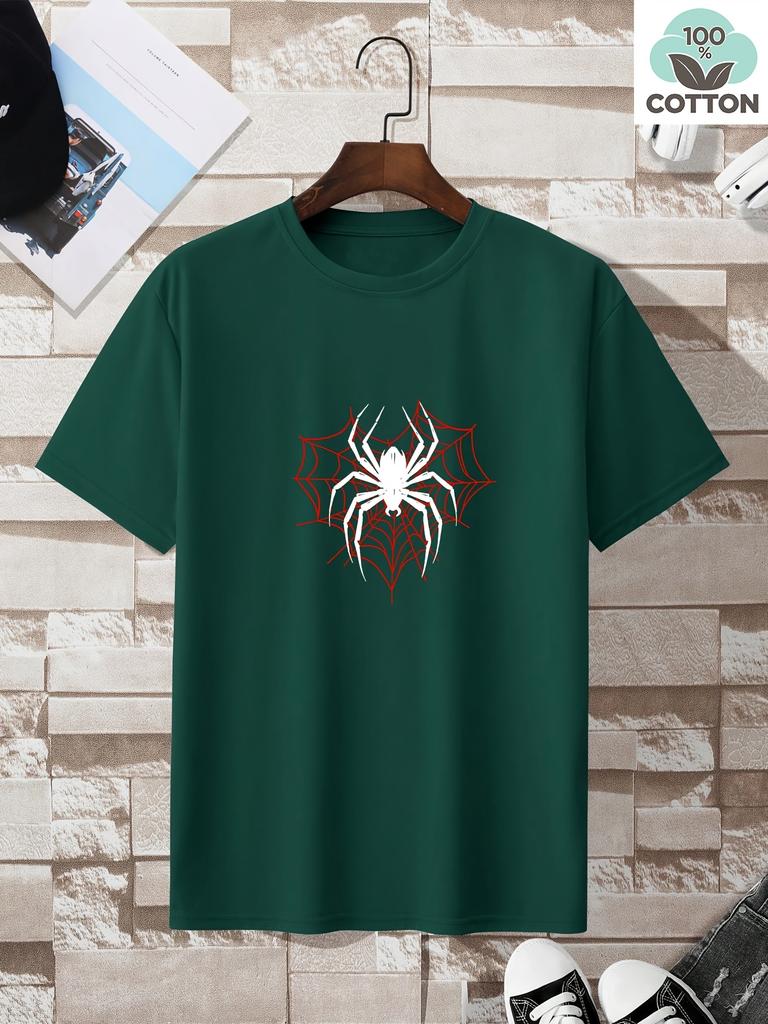 Mens Cotton TShirt Red Spider Web with Black Spider Print Casual Crew Neck Short Sleeve Summer TShirt