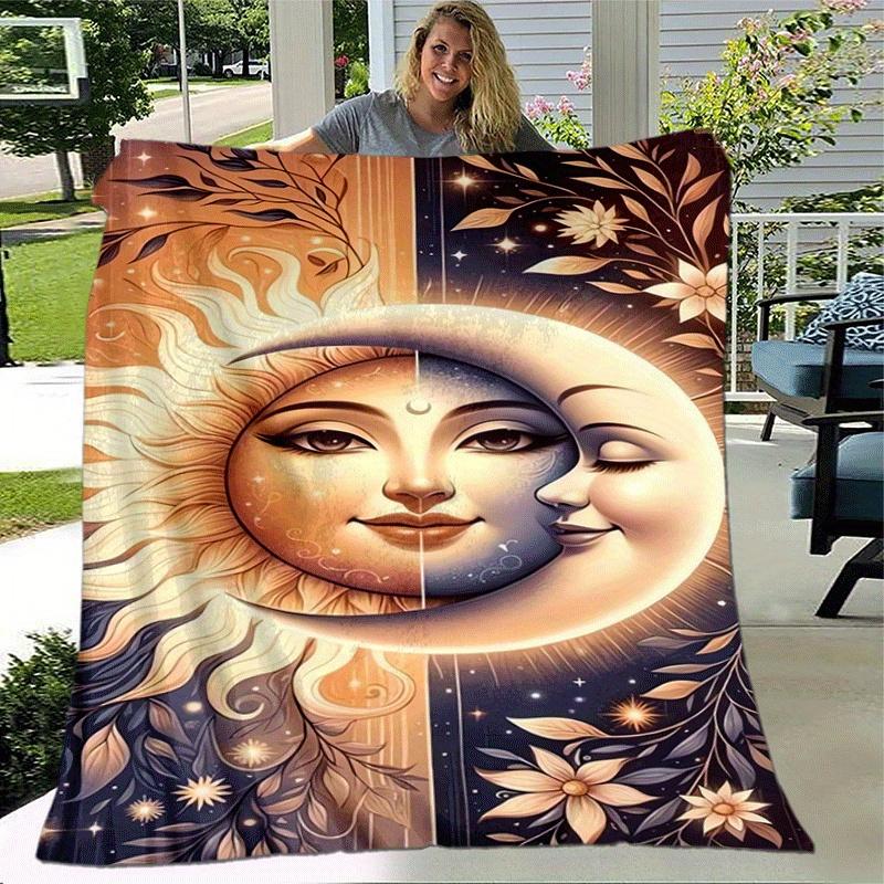 1pc Yin Yang Sun Moon Printing Lightweight Flannel Blanket, Comfortable and Warm Blanket, for Camping Sofa Bed and Couch Office, Gift