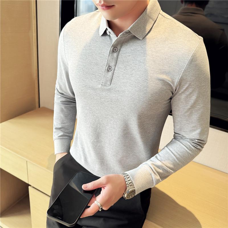 Spring Autumn New Long-Sleeved Men's Polo Shirt Lapel T-Shirt Korean Mens Collared Men Soild Color T-Shirt Bottoming Shirt