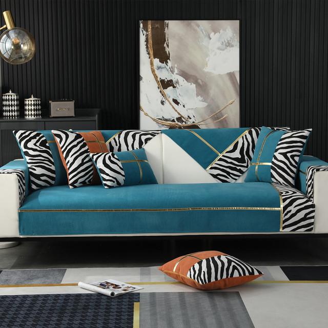 Luxuriöser Sofabezug aus Samt, dicker Schonbezug mit Zebramuster, weicher Plüsch, Möbelschutz, Armlehnenbezug, Sofakissen in L-Form
