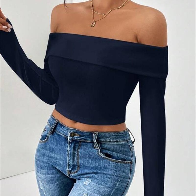 Camiseta corta sin tirantes de manga larga ajustada con cuello en A para mujer, otoño e invierno